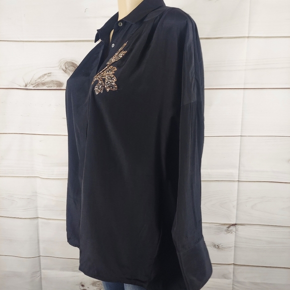 Zara Basic black satin button down shirt, small - Picture 3 of 8